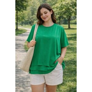 Green Layered Blouse L | Minimal Clean Girl Workwear